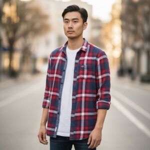 Hollister Red and Blue Plaid Casual Button Down Shirt